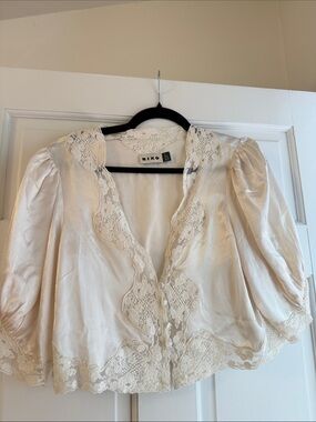 RIXO Ivory Lace-Trim Puff Sleeve Blouse